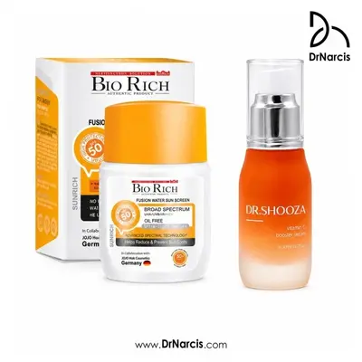 پک سرم ویتامین C دکتر شوزا و ضدآفتاب بی‌رنگ بایوریچ SPF50+ روشن‌کننده و محافظ پوست