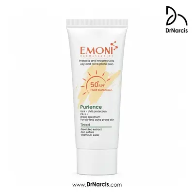  فلوئید ضدآفتاب رنگی پیورینس امونی SPF50 حجم ۵۰ میل مناسب پوست چرب و مستعد آکنه