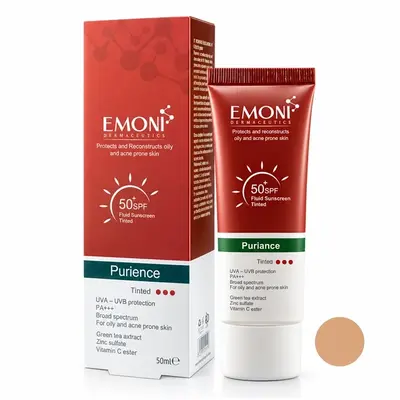  فلوئید ضدآفتاب رنگی پیورینس امونی SPF50 حجم ۵۰ میل مناسب پوست چرب و مستعد آکنه